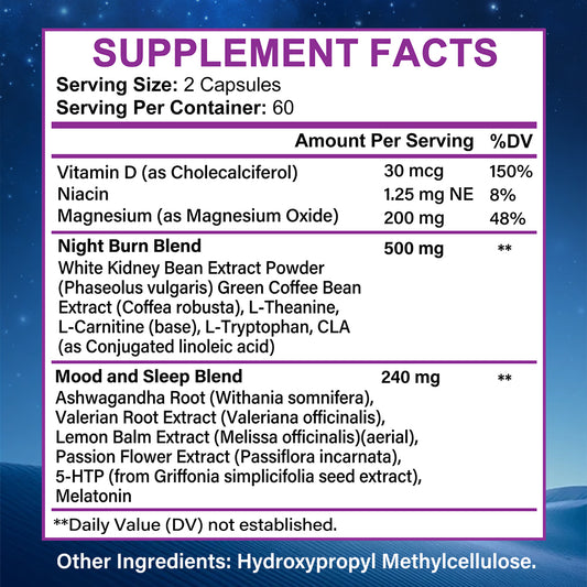 Adeqauom® Premium Night Time Fat Burner – Advanced Metabolism Booster, Appetite Suppressant & Sleep Aid Supplement (120 Capsules)