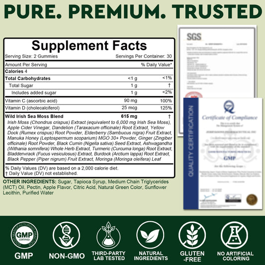 Adeqauom® Irish Sea Moss Gummies – 16-in-1 Superfood Complex with Black Seed Oil, Ashwagandha & ACV for Immunity & Gut Health (Green Apple
