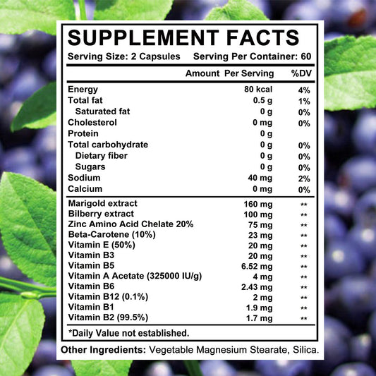 Adeqauom® Eye Health Supplement – Marigold, Bilberry Extract & Beta-Carotene Capsules for Dry Eyes, Vision & Blue Light Support (120 Capsules)
