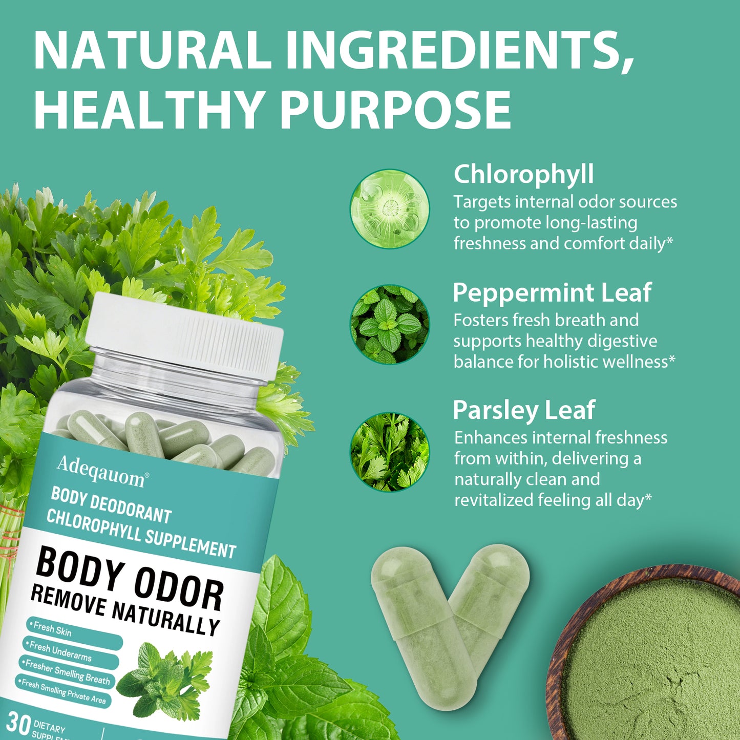 Chlorophyll Body Deodorant Capsules | Internal Odor Control & Gut Health Support