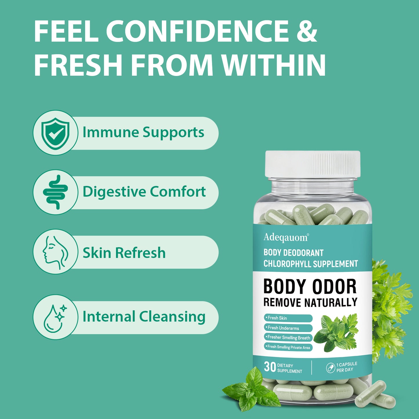 Chlorophyll Body Deodorant Capsules | Internal Odor Control & Gut Health Support