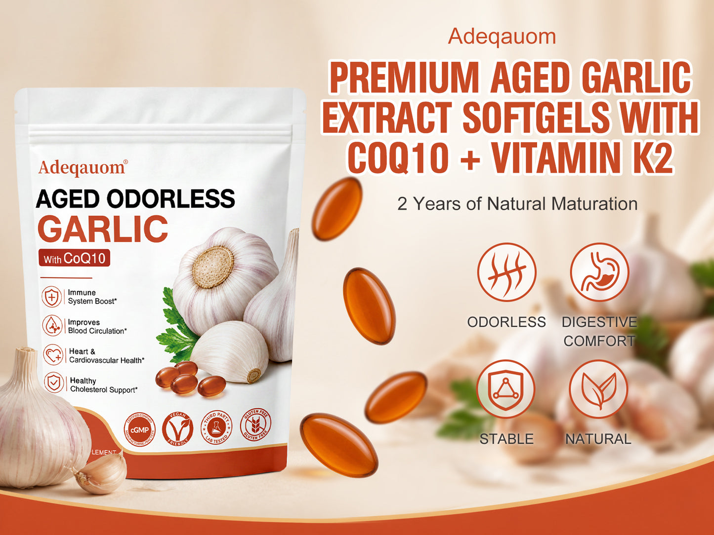 Adeqauom® Aged Odorless Garlic with CoQ10 – Premium Heart Health Supplement for Cardiovascular Support, Healthy Circulation & Immunity
