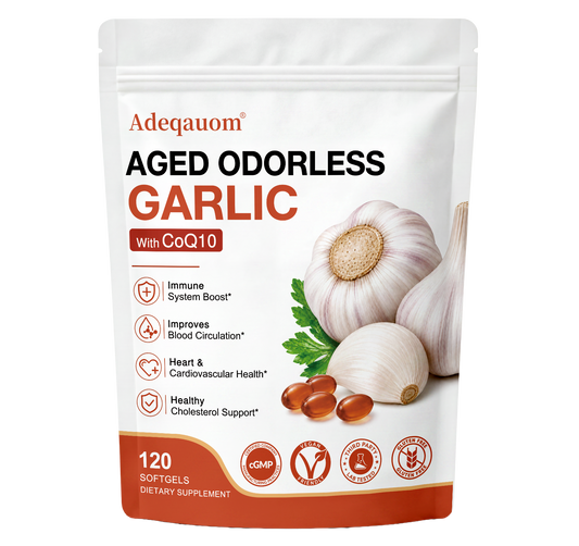 Adeqauom® Aged Odorless Garlic with CoQ10 – Premium Heart Health Supplement for Cardiovascular Support, Healthy Circulation & Immunity