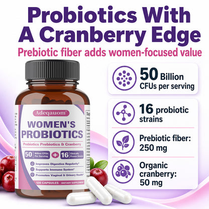 Adeqauom® Women's Probiotics | with Prebiotics & Cranberry for Digestive, Immune & Feminine Health