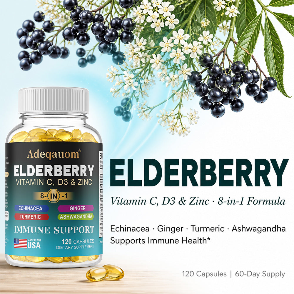 Adeqauom® Elderberry Complex 8-in-1 | with Vitamin C, D3, Zinc, Echinacea, Ginger, Turmeric & Ashwagandha for Immune Support