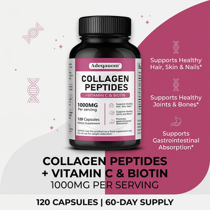 Adeqauom® Collagen Peptides Complex | with Vitamin C & Biotin for Hair, Skin, Nails & Joint Support