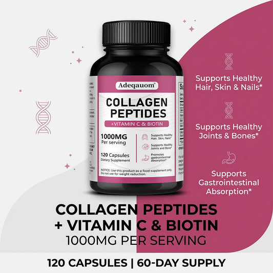 Adeqauom® Collagen Peptides Complex | with Vitamin C & Biotin for Hair, Skin, Nails & Joint Support