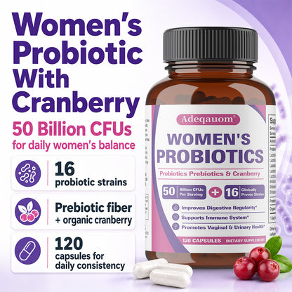 Adeqauom® Women's Probiotics | with Prebiotics & Cranberry for Digestive, Immune & Feminine Health