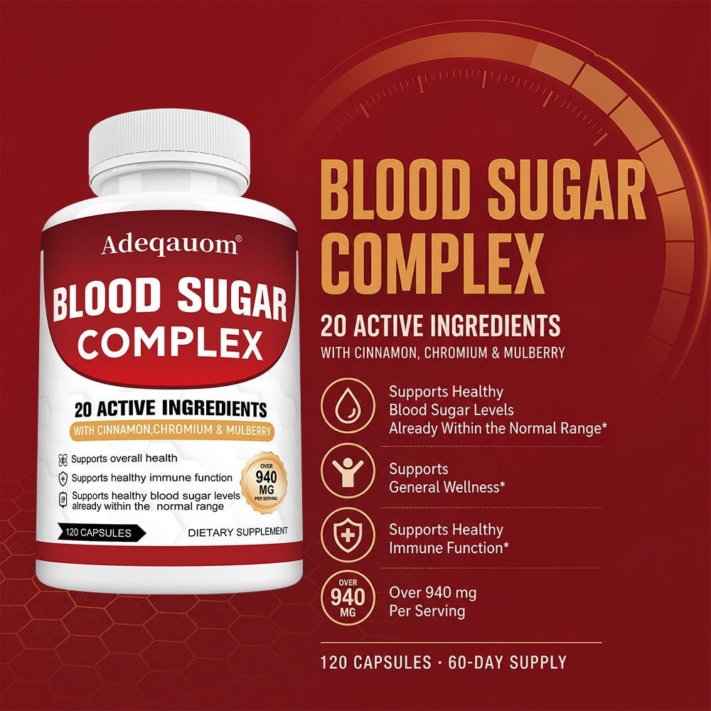 Adeqauom® Blood Sugar Complex 940mg – 20 Active Ingredients with Cinnamon, Chromium & Mulberry for Glucose & Immune Health (120 Capsules)