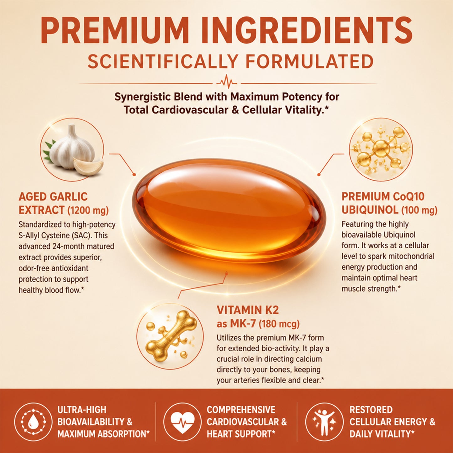 Adeqauom® Aged Odorless Garlic | with CoQ10 Ubiquinol for Heart & Cardiovascular Health