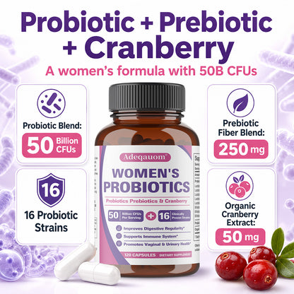 Adeqauom® Women's Probiotics | with Prebiotics & Cranberry for Digestive, Immune & Feminine Health