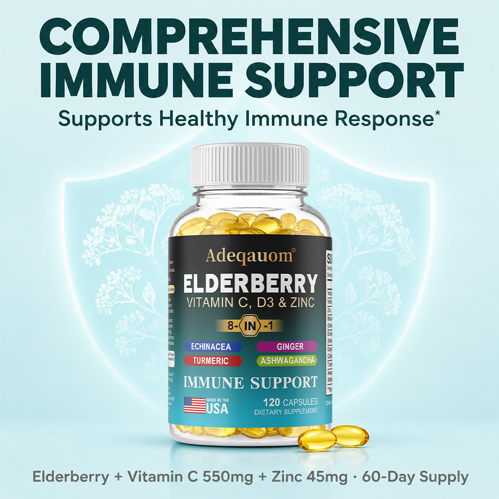 Adeqauom® Elderberry Complex 8-in-1 | with Vitamin C, D3, Zinc, Echinacea, Ginger, Turmeric & Ashwagandha for Immune Support