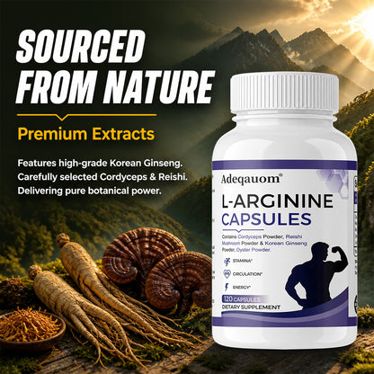 Adeqauom® L-Arginine Complex Capsules | with Cordyceps, Reishi, Korean Ginseng & Oyster Powder for Stamina & Circulation