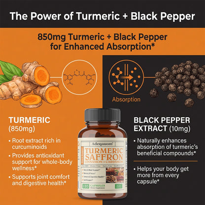 Adequaom Turmeric Saffron Capsules | Cinnamon + Cardamom + Black Pepper