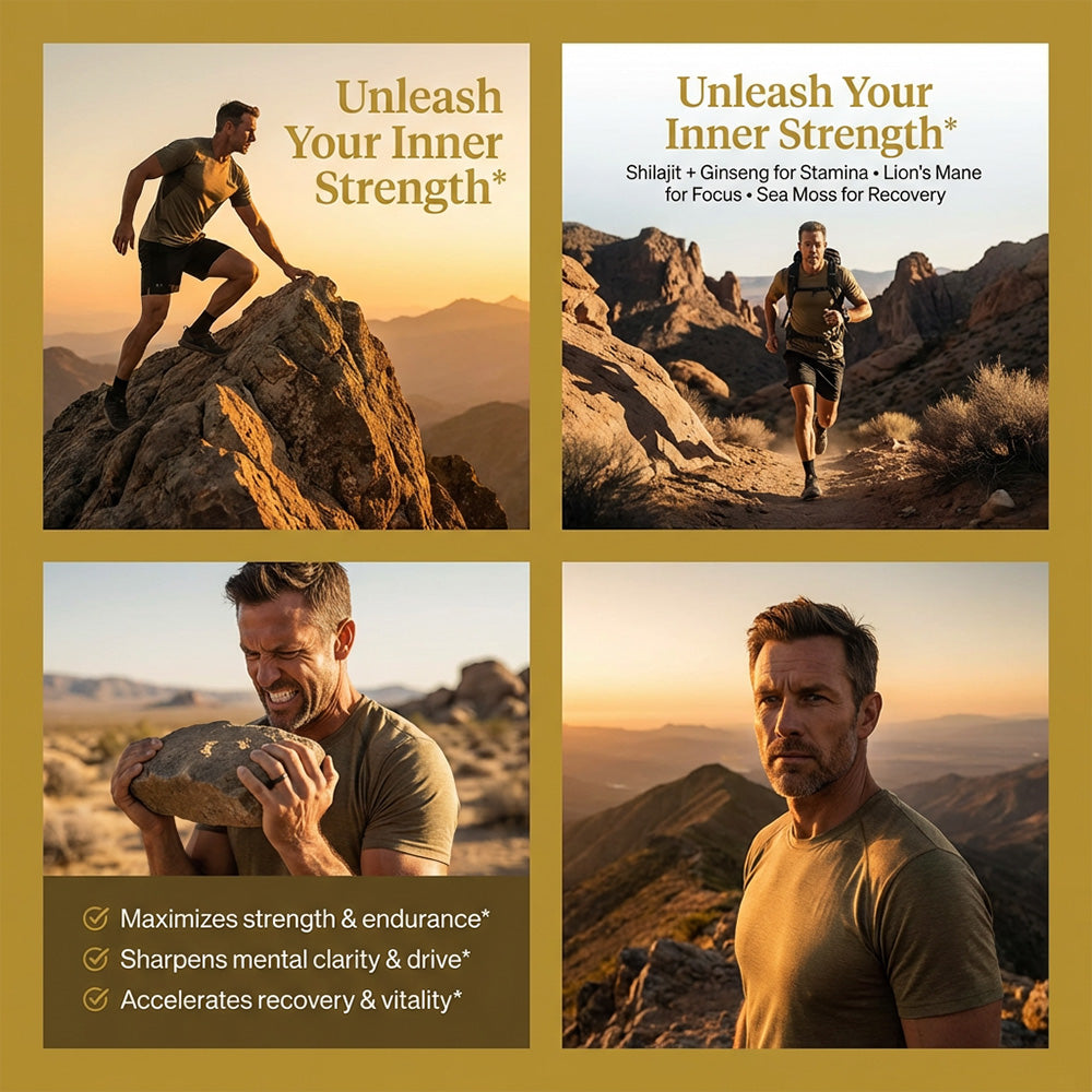 Adeqauom® 4-in-1 Shilajit, Sea Moss, Lion's Mane & Ginseng Capsules – Ultimate Potent Energy, Brain & Immunity Supplement (120 Capsules)