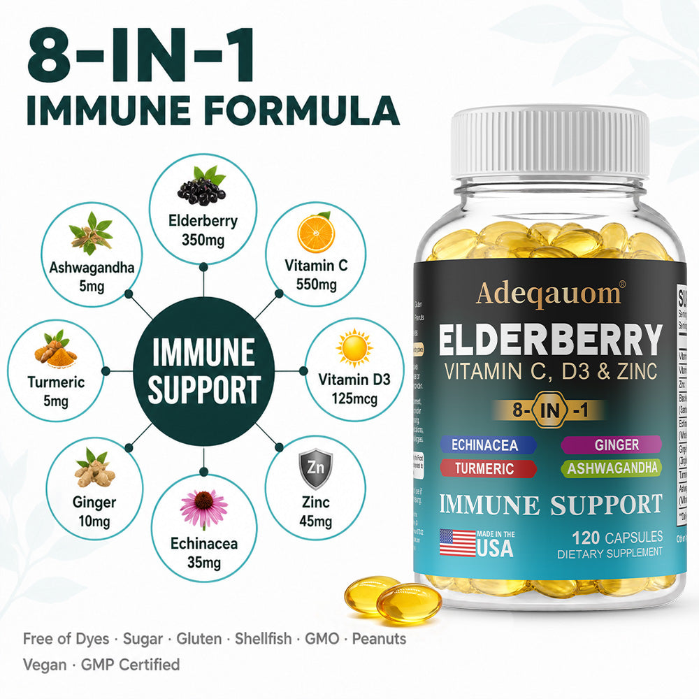 Adeqauom® Elderberry Complex 8-in-1 | with Vitamin C, D3, Zinc, Echinacea, Ginger, Turmeric & Ashwagandha for Immune Support