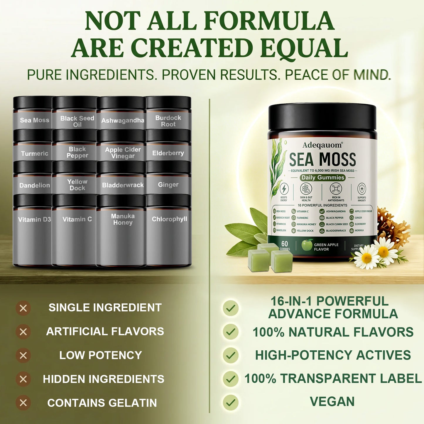 Adeqauom® Irish Sea Moss Gummies – 16-in-1 Superfood Complex with Black Seed Oil, Ashwagandha & ACV for Immunity & Gut Health (Green Apple