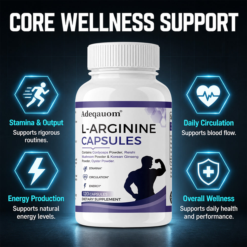 Adeqauom® L-Arginine Complex Capsules | with Cordyceps, Reishi, Korean Ginseng & Oyster Powder for Stamina & Circulation