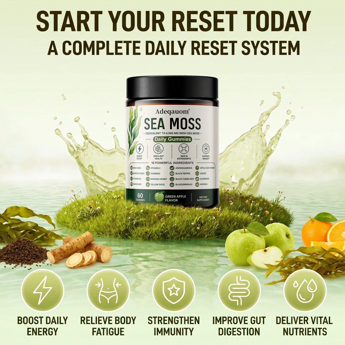 Adeqauom® Irish Sea Moss Gummies – 16-in-1 Superfood Complex with Black Seed Oil, Ashwagandha & ACV for Immunity & Gut Health (Green Apple