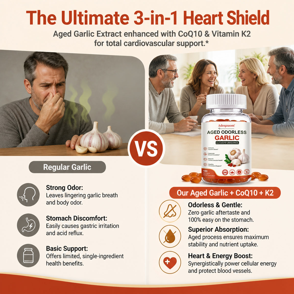 Adeqauom® Aged Odorless Garlic | with CoQ10 Ubiquinol for Heart & Cardiovascular Health