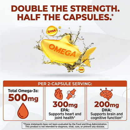 Adeqauom® Omega-3 Double Strength Fish Oil – 500mg Omega-3 Fatty Acids (EPA & DHA) Softgels for Heart, Brain & Joint Health (120 Capsules)