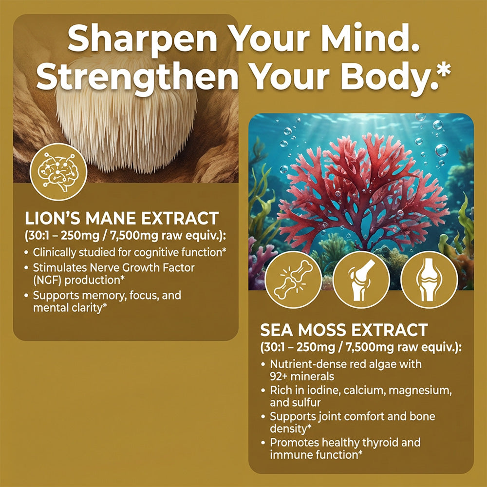 Adeqauom® 4-in-1 Shilajit, Sea Moss, Lion's Mane & Ginseng Capsules – Ultimate Potent Energy, Brain & Immunity Supplement (120 Capsules)