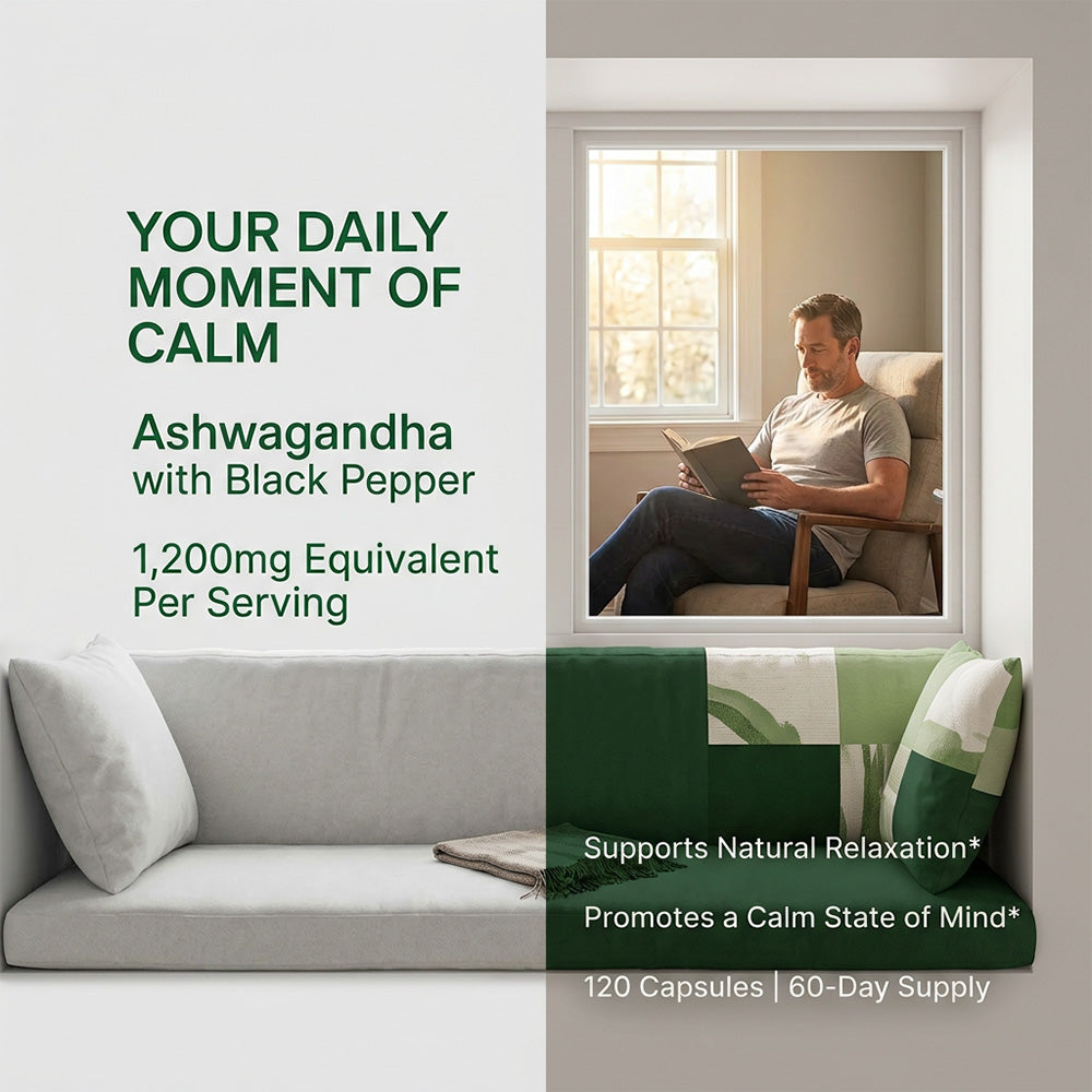 Adeqauom® Organic Ashwagandha 1,200mg with Organic Black Pepper – Natural Stress Relief, Calmness & Relaxation Supplement (120 Vegan Capsules)