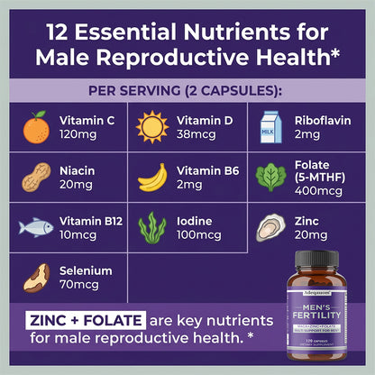 Adeqauom® Men's Fertility Supplement – Maca, Zinc & Folate Multi-Support Capsules for Male Reproductive Health & Vitality (120 Capsules)
