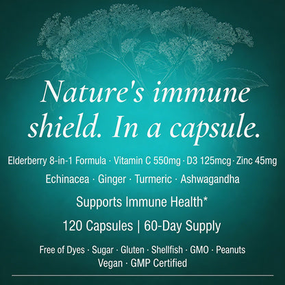 Adeqauom® Elderberry Complex 8-in-1 | with Vitamin C, D3, Zinc, Echinacea, Ginger, Turmeric & Ashwagandha for Immune Support