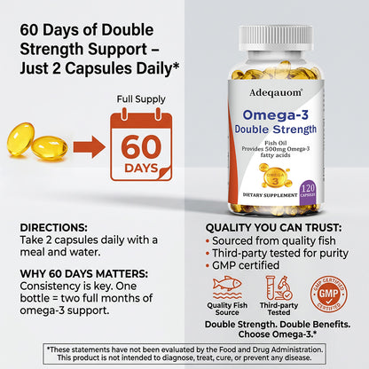 Adeqauom® Omega-3 Double Strength Fish Oil – 500mg Omega-3 Fatty Acids (EPA & DHA) Softgels for Heart, Brain & Joint Health (120 Capsules)