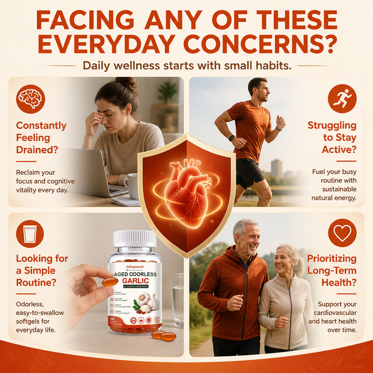 Adeqauom® Aged Odorless Garlic | with CoQ10 Ubiquinol for Heart & Cardiovascular Health