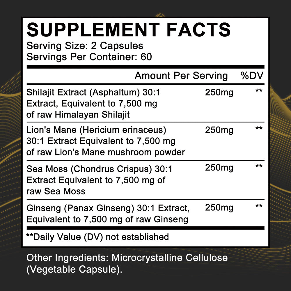 Adeqauom® 4-in-1 Shilajit, Sea Moss, Lion's Mane & Ginseng Capsules – Ultimate Potent Energy, Brain & Immunity Supplement (120 Capsules)