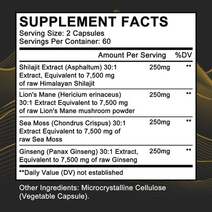 Adeqauom® 4-in-1 Shilajit, Sea Moss, Lion's Mane & Ginseng Capsules – Ultimate Potent Energy, Brain & Immunity Supplement (120 Capsules)
