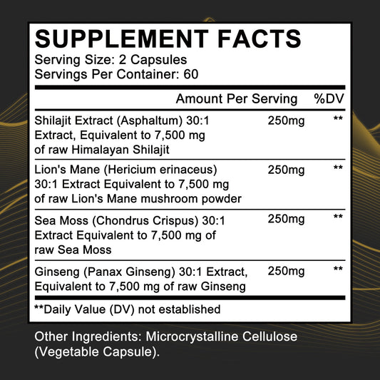 Adeqauom® 4-in-1 Shilajit, Sea Moss, Lion's Mane & Ginseng Capsules – Ultimate Potent Energy, Brain & Immunity Supplement (120 Capsules)