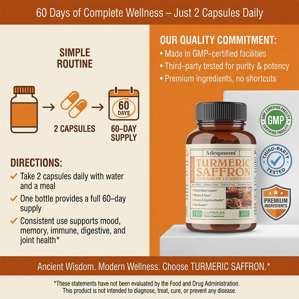 Adequaom Turmeric Saffron Capsules | Cinnamon + Cardamom + Black Pepper