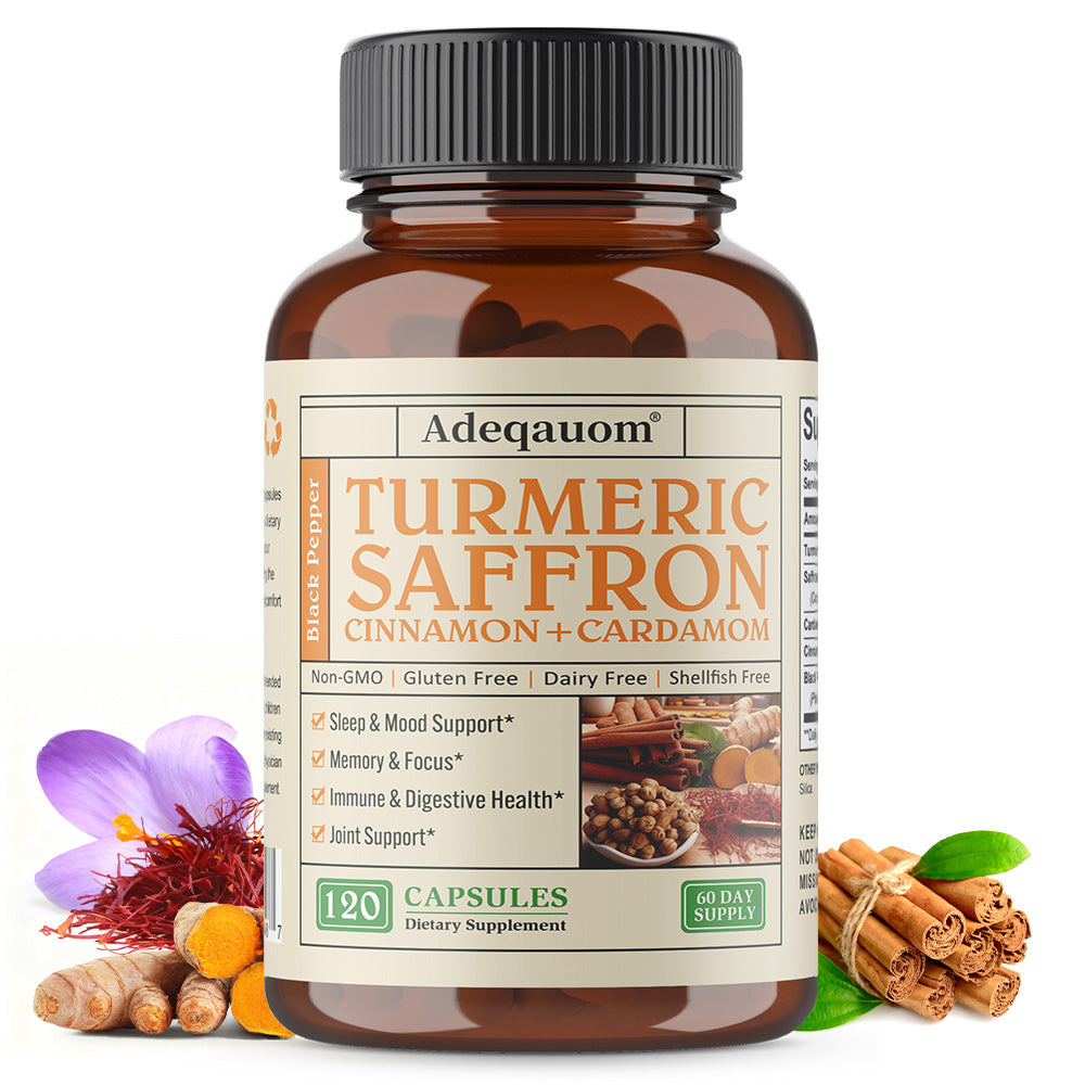 Adequaom Turmeric Saffron Capsules | Cinnamon + Cardamom + Black Pepper