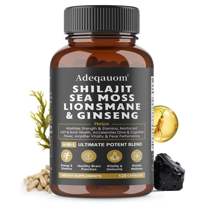 Adeqauom® 4-in-1 Shilajit, Sea Moss, Lion's Mane & Ginseng Capsules – Ultimate Potent Energy, Brain & Immunity Supplement (120 Capsules)