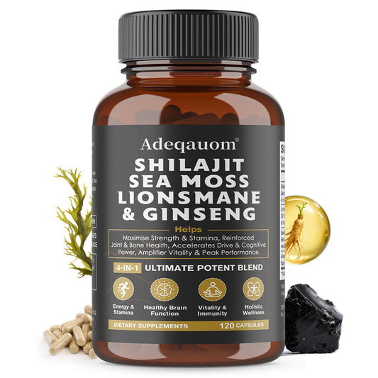 Adeqauom® 4-in-1 Shilajit, Sea Moss, Lion's Mane & Ginseng Capsules – Ultimate Potent Energy, Brain & Immunity Supplement (120 Capsules)