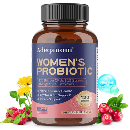 Adeqauom® Women's Probiotics 120 Billion CFUs – 15 Strains & 16 Digestive Enzymes for Vaginal, Urinary & Gut Health (120 Capsules)