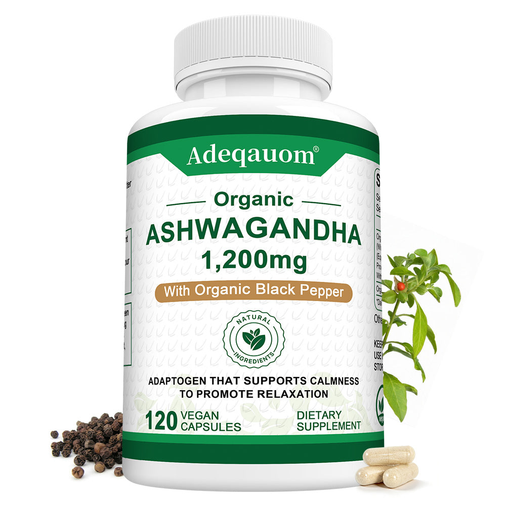 Adeqauom® Organic Ashwagandha 1,200mg with Organic Black Pepper – Natural Stress Relief, Calmness & Relaxation Supplement (120 Vegan Capsules)