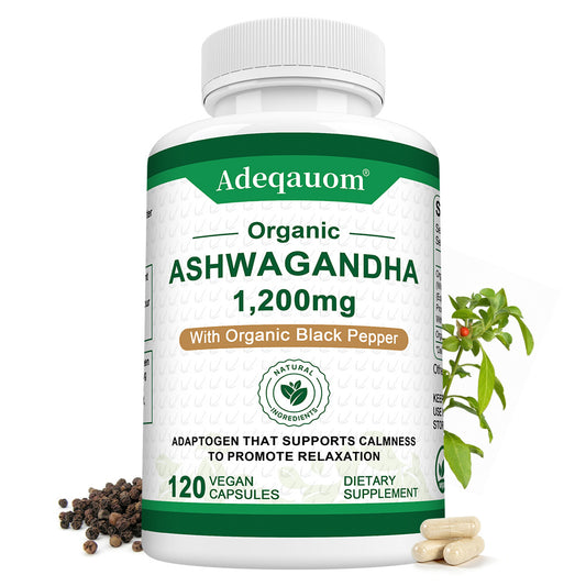 Adeqauom® Organic Ashwagandha 1,200mg with Organic Black Pepper – Natural Stress Relief, Calmness & Relaxation Supplement (120 Vegan Capsules)