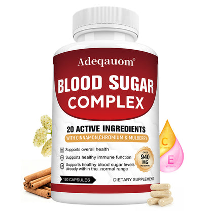 Adeqauom® Blood Sugar Complex 940mg – 20 Active Ingredients with Cinnamon, Chromium & Mulberry for Glucose & Immune Health (120 Capsules)