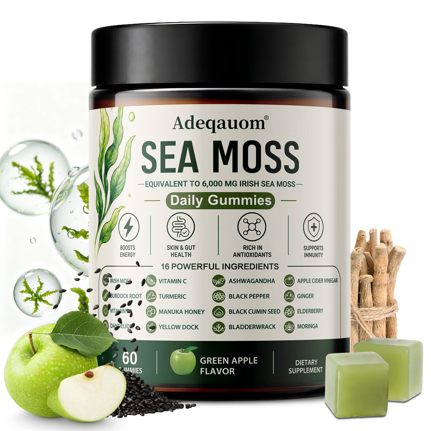 Adeqauom® Irish Sea Moss Gummies – 16-in-1 Superfood Complex with Black Seed Oil, Ashwagandha & ACV for Immunity & Gut Health (Green Apple