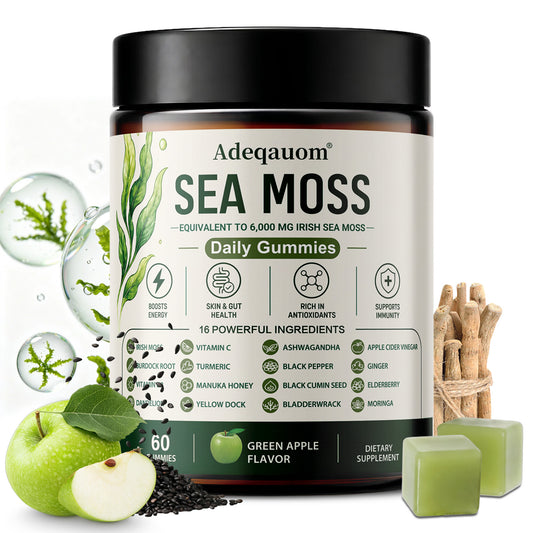 Adeqauom® Irish Sea Moss Gummies – 16-in-1 Superfood Complex with Black Seed Oil, Ashwagandha & ACV for Immunity & Gut Health (Green Apple